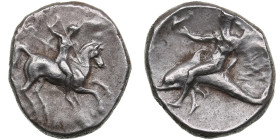 Calabria, Tarentum AR Didrachm or Nomos - c. 281-240 BC
7.23g. 21mm. AU/AU. Gorgeous specimen. Obv. Horseman w/javelin. / Rev. Taras (?) on dolphin. H...