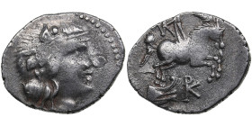 Island of Corcyra (Epirus) AR Didrachm c. 229-48 BC
4.68g. 23mm. XF/XF. Obv. Dionysus. / Rev. Pegasus, palm branch in mouth. HGC 6, 65; SNG Copenhagen...