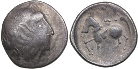 Eastern Celts AR Tetradrachm. Sattelkopfpferd type, imitating Philip II of Macedon. Circa 2nd century BC.
6.93g. 24mm. VF/VF. Obv. Celticized laureate...