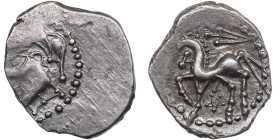 Gaul, Bituriges AR Quinarius - c. 100-50 BC
1.85g. 17mm. AU/AU. Mint luster. Gorgeous luminous near mint state specimen. Obv. Male head./ Rev. horse, ...
