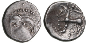 Gaul, Bituriges AR Quinarius - c. 100-50 BC
2.02g. 14mm. VF/XF. Mint luster. Obv. Male head./ Rev. horse, sword + pentagram. DT 3438.