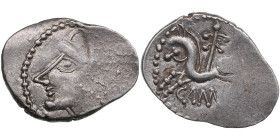 Gaul, Bituriges AR Quinarius - c. 60-50 BC
1.89g. 19mm. AU/AU. Mint luster. Gorgeous luminous near mint state specimen. Obv. Male head./ Rev. horse, s...