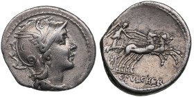 Roman Republic AR Denarius - C. Claudius Puleher (c. 110-109 BC)
3.76g. 19mm. VF/VF. Some luster. Obv. Helmeted head of Roma to right, helmet decorate...