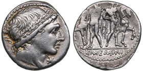 Roman Republic AR Denarius - Memmia. L. Memmius (109-108 BC)
3.95g. 19mm. XF-/VF+. Traces of mint luster. obv. Male head to right, front. / rev. Stand...