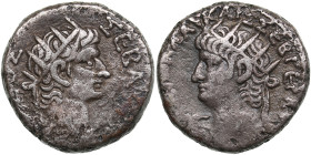 Egypt, Alexandria BI Tetradrachm - Nero, with Divus Augustus (AD 54-68)
11.98g. 24mm. VF/VF. obv. Radiate bust of Nero left, wearing aegis / rev. L IΓ...