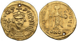 Byzantine Empire AV Solidus - Phocas (AD 602-610)
4.39g. 21mm. XF-/VF. Hole, but still an attractive lustrous specimen. Obv. Bust facing. / Rev. Angel...