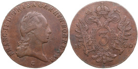 Austria 3 Kreuzer 1800 G - Francis II (1792-1806)
7.21g. VF/VF.