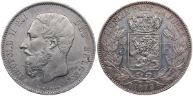 Belgium 5 Francs 1870 - Leopold II (1865-1909)
24.98g. XF/XF.