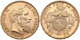Belgium 20 Francs 1878 - Léopold II (1865-1909)
6.45g. AU/UNC. Mint luster.