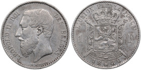 Belgium 1 Franc 1886 - Leopold II (1865-1909)
4.94g. VF/VF.