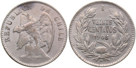 Chile 20 Centavos 1908 S
2.97g. XF/AU. Mint luster. KM 151.3.
