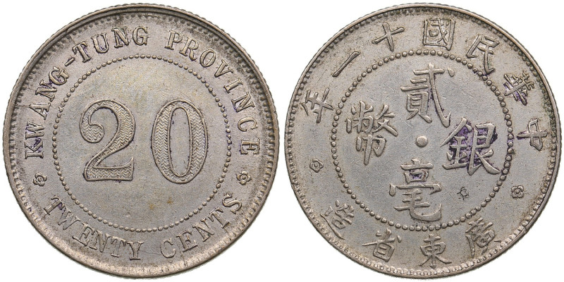 China, Kwang-Tung 20 cents 1922
5.48g. AU/AU. Mint luster. KM Y 423.