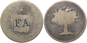 Costa Rica 50 Centavos 1865-1875
11.78g VG/VG. Countermark FA. 