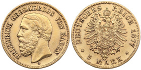 Germany, Baden 5 Mark 1877 - Frederick I (1856-1907)
1.98g. XF/AU. Mint luster.