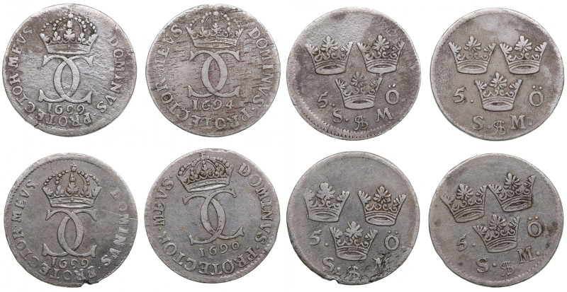 Sweden 5 Öre 1690, 1694, 1699 - Carl XII (1697-1718) (4)
Various condition.