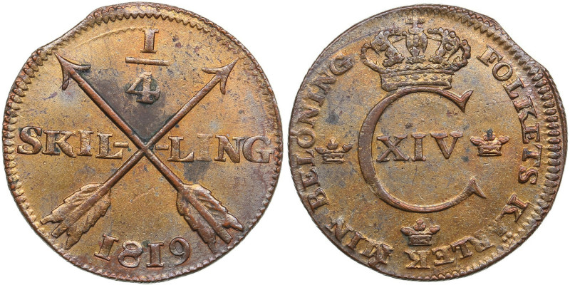 Sweden ¼ Skilling 1819 -	Charles XIV John (1818-1844)
4.37g. UNC/UNC. Mint luste...