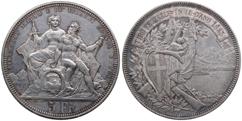 Switzerland 5 Francs 1883 - Lugano Shooting Festival
25.04g. XF/AU. Dav. 390.