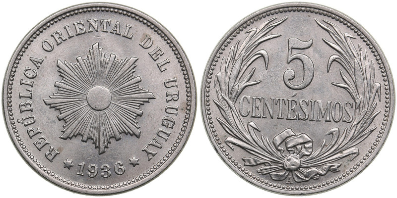 Uruguay 5 Centésimos 1936
4.93g. UNC/UNC. Mint luster. KM 21.