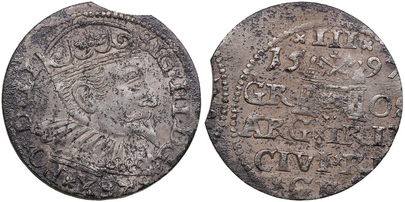 Riga, Poland 3 Grosz 1597 - Sigismund III (1587-1632)
2.02g. VF/VF.