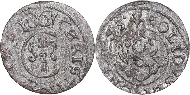 Livonia (Riga), Sweden Solidus 1643 - Christina (1632-1654)
0.41g. VF/VF.