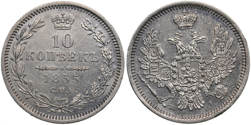 Russia 10 Kopecks 1855 СПБ-HI
2.05g. XF+/AU. Mint luster. Bitkin 62.