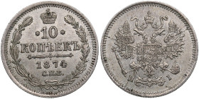 Russia 10 Kopecks 1874 СПБ-HI
1.74g. AU/AU. Mint luster. Bitkin 258.
