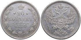 Russia 20 Kopecks 1875 СПБ-HI
3.26g. XF+/AU. Mint luster. Bitkin 226.