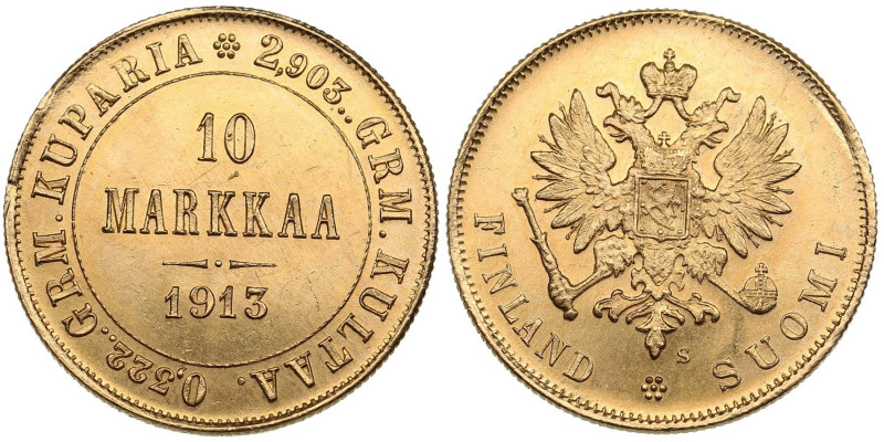 Finland, Russia 10 Markkaa 1913 S
3.21g. AU/AU. Mint luster. Bitkin 394.