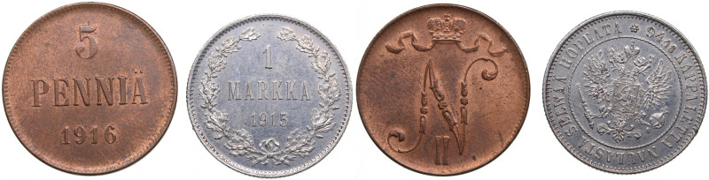 Finland, Russia 1 Markka 1915 & 5 Penniä 1916 (2)
AU-UNC.