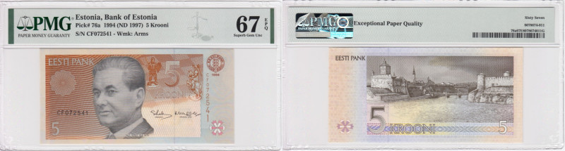 Estonia 5 Krooni 1994 (ND 1997) - PMG 67 EPQ Superb Gem Unc
Pick 76b. Only five ...