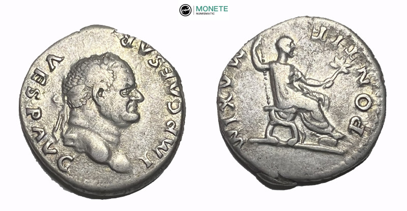 Vespasian, 69-79 Denarius Rome 74, AR 18.00 mm., 3.43 g.
Laureate head r. Rev. V...