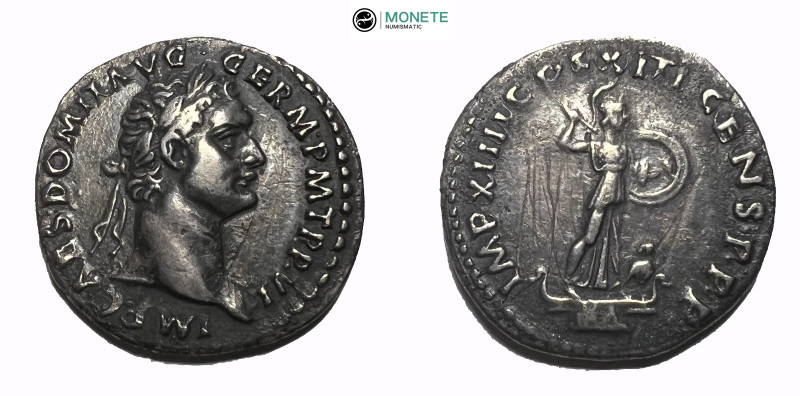 Domitian, 81-96 Denarius Rome 87, AR 19.00 mm., 3.42 g.
Laureate head r. Rev. Mi...