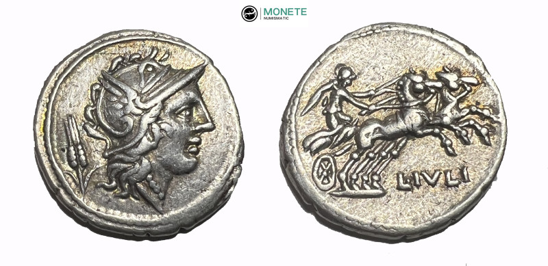 L. Iulius. Denarius circa 101, AR 18.90 mm., 3.85 g.
Helmeted head of Roma; behi...