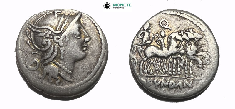 C. Fvndan Q. Denarius circa 101, AR 18.00 mm., 3.84 g.
Helmeted head of Roma r.;...
