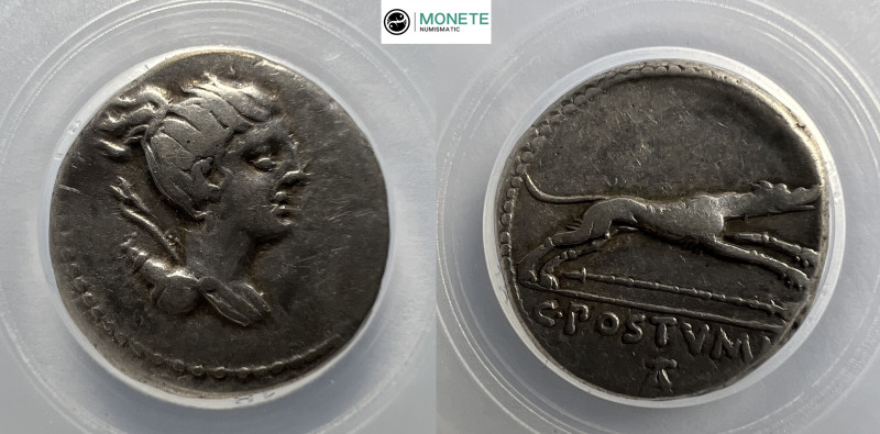 ROMAN REPUBLIC AR denarius 74 B.C. C. Postumius
Obverse: Bust of Diana draped ri...