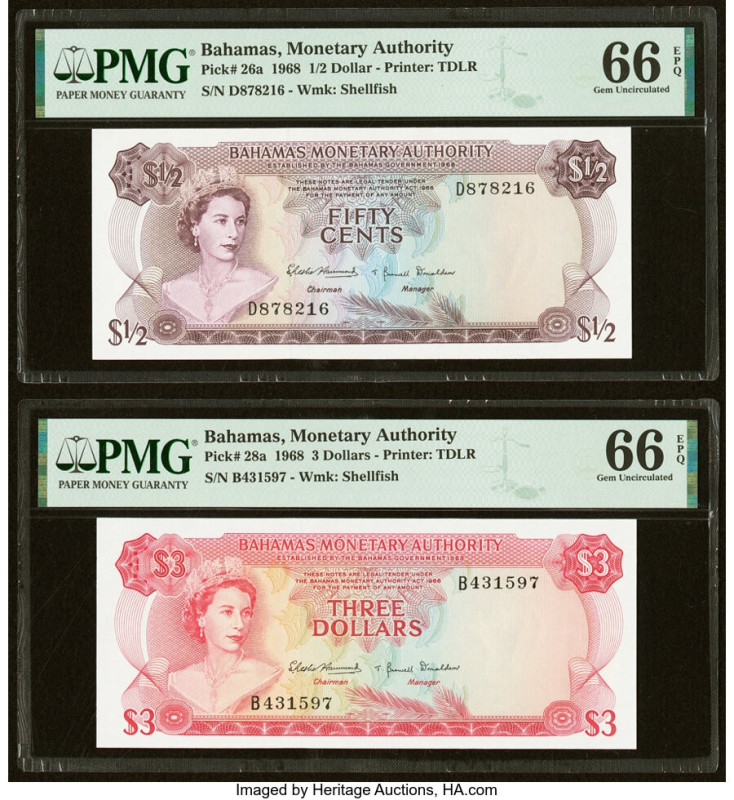 Bahamas Monetary Authority 1/2; 3 Dollars 1968 Pick 26a; 28a Two Examples PMG Ge...