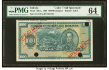 Bolivia Banco Central 1000 Bolivianos 20.7.1928 Pick 135cts Color Trial Specimen PMG Choice Uncirculated 64. Three POCs are noted on this example. HID...