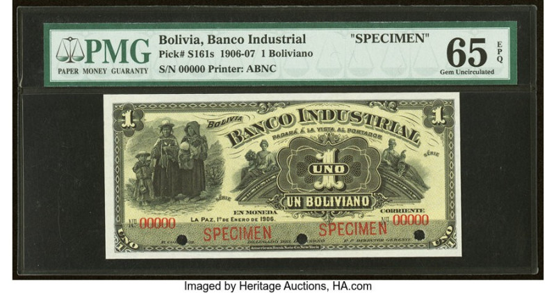 Bolivia Banco Industrial 1 Boliviano 1.1.1906 Pick S161s Specimen PMG Gem Uncirc...