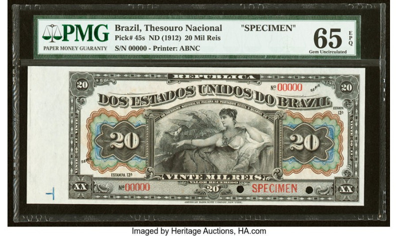 Brazil Thesouro Nacional 20 Mil Reis ND (1912) Pick 45s Specimen PMG Gem Uncircu...