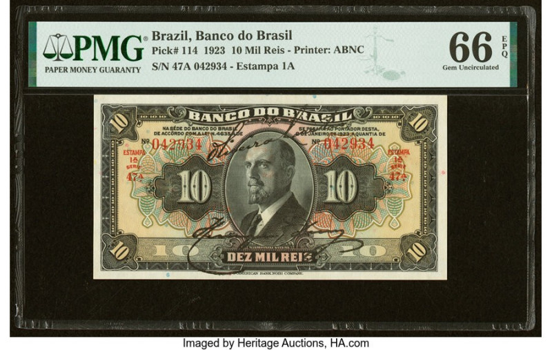 Brazil Banco do Brasil 10 Mil Reis 8.1.1923 Pick 114 PMG Gem Uncirculated 66 EPQ...