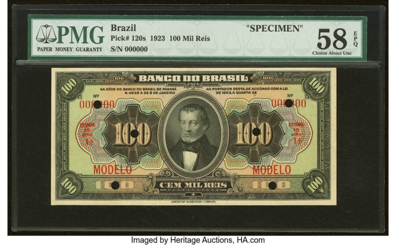 Brazil Banco do Brasil 100 Mil Reis 8.1.1923 Pick 120s Specimen PMG Choice About...