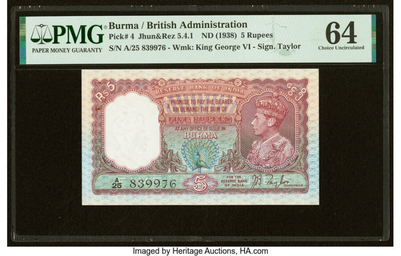 Burma Reserve Bank of India 5 Rupees ND (1938) Pick 4 Jhun5.4.1 PMG Choice Uncir...