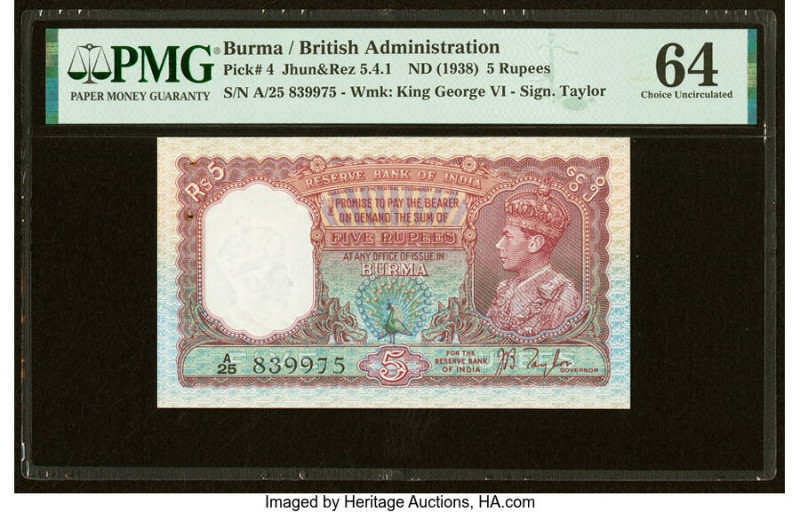 Burma Reserve Bank of India 5 Rupees ND (1938) Pick 4 Jhun5.4.1 PMG Choice Uncir...