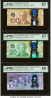 Canada Bank of Canada $100; 20; 10 2011; 2015; 2017 BC-73a; BC-74; BC-75 Three Examples PMG Superb Gem Unc 67 EPQ (2); Gem Uncirculated 66 EPQ. HID098...