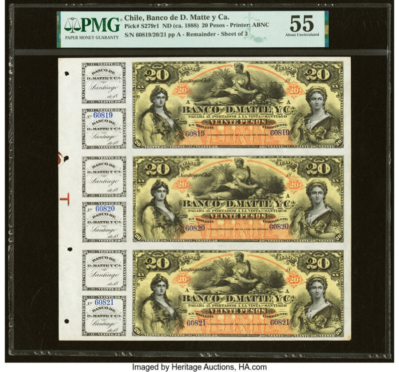 Chile Banco de D. Matte y Ca. 20 Pesos ND (ca. 1888) Pick S279r Uncut Sheet of 3...