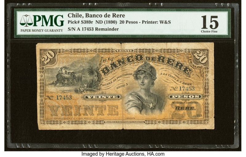 Chile Banco de Rere 20 Pesos ND (1890) Pick S389r Remainder PMG Choice Fine 15. ...