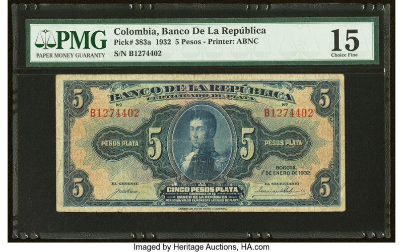 Colombia Banco de la Republica 5 Pesos 1.1.1932 Pick 383a PMG Choice Fine 15. HI...