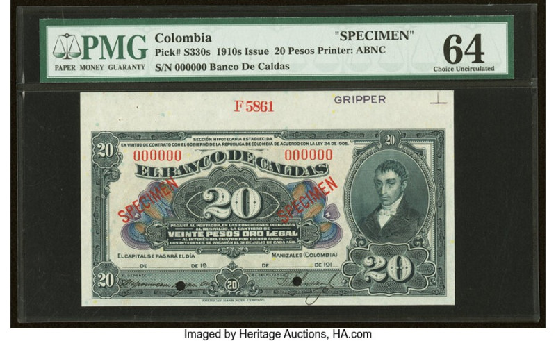 Colombia Banco de Caldas 20 Pesos ND (ca. 1910) Pick S330s Specimen PMG Choice U...