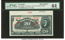 Colombia Banco de Caldas 20 Pesos ND (ca. 1910) Pick S330s Specimen PMG Choice Uncirculated 64. Two POCs are present and body of note is unaffected by...