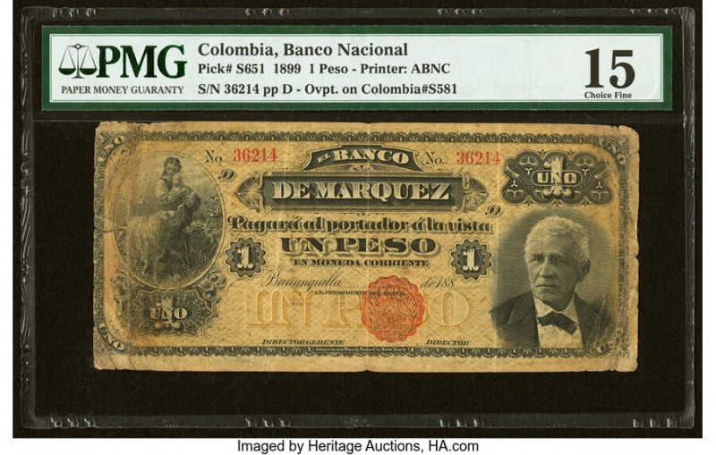 Colombia Banco Nacional 1 Peso 1899 Pick S651 PMG Choice Fine 15. Tears are note...
